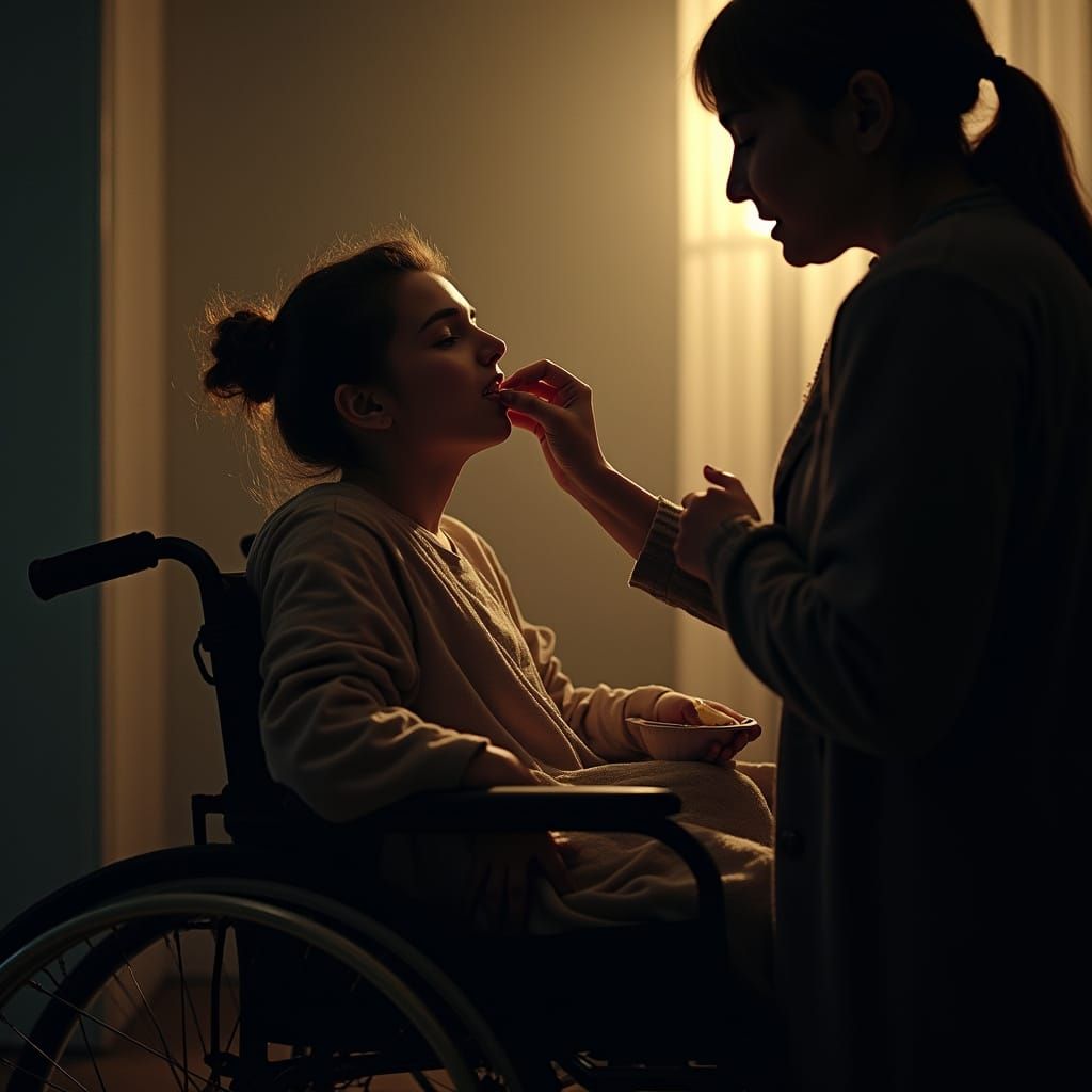 Woman in Wheelchair Feeds with Mother, Cinematic Film Still