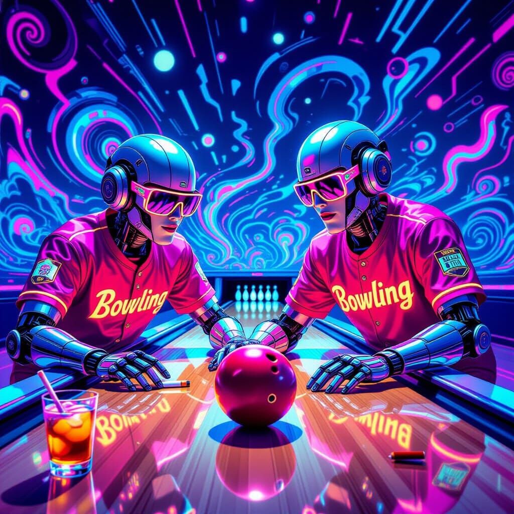 Robotic Bowlers in Neon Psychedelic Alley