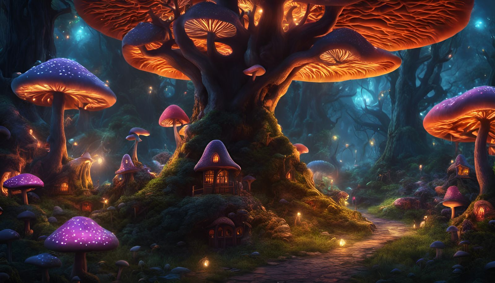 Mushroom Fae City in Dark Fantasy Landscape