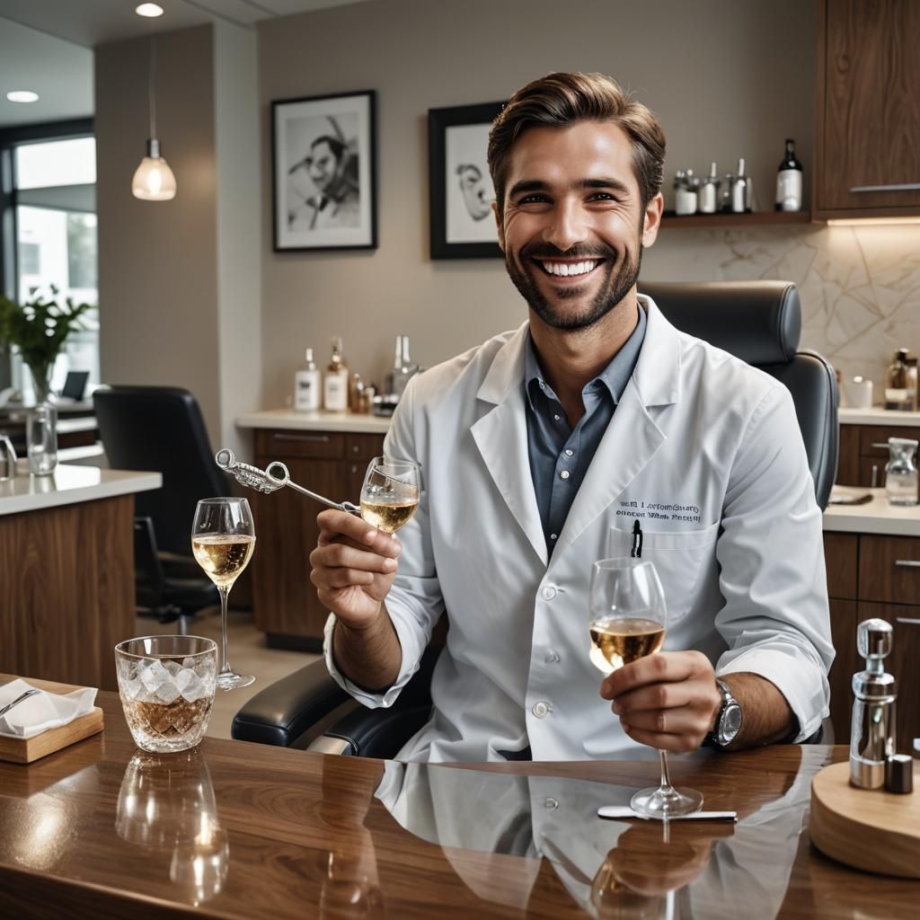 Confident Dentist in Modern Clinic with Prosecco