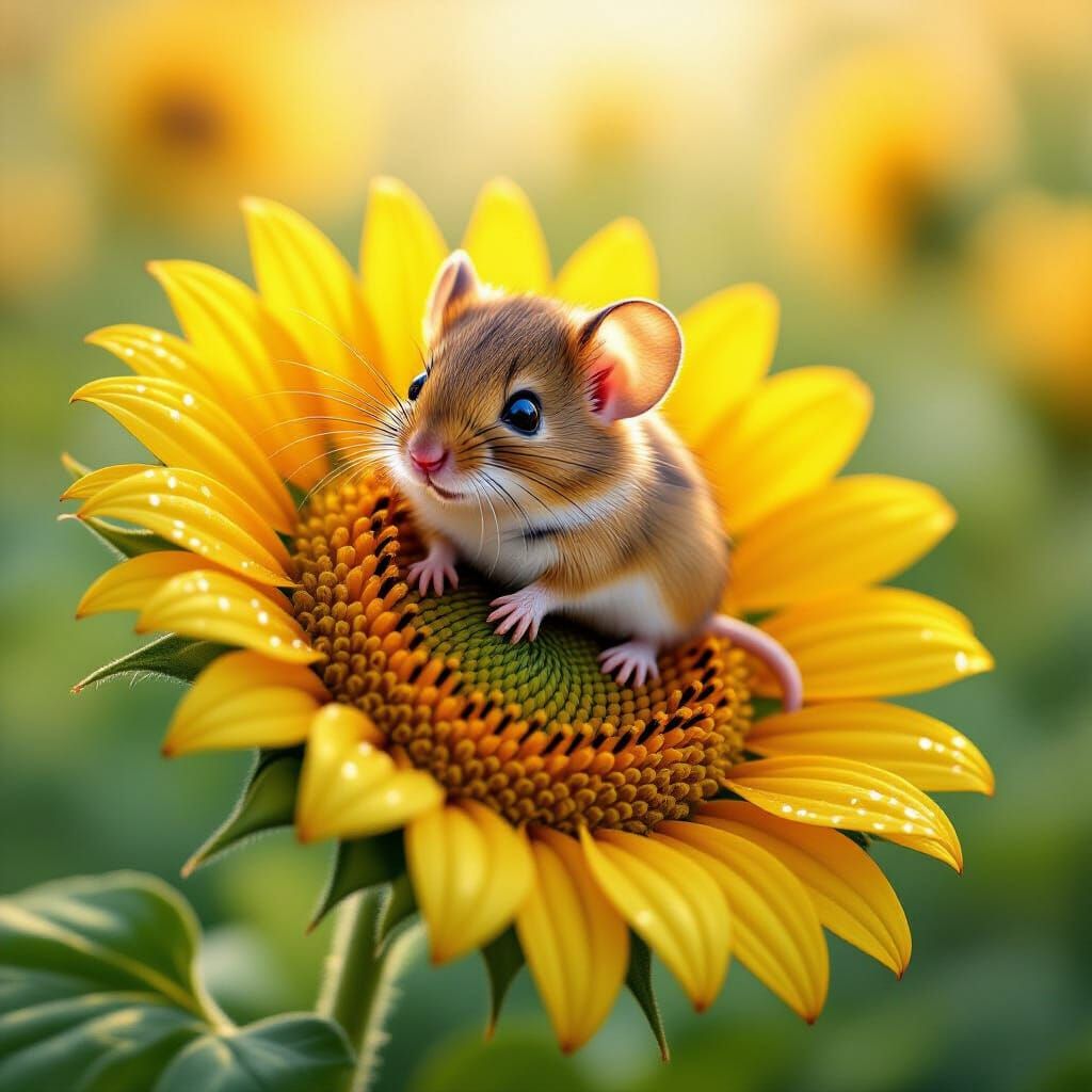 Adorable Field Mouse on Sunflower in Golden Light