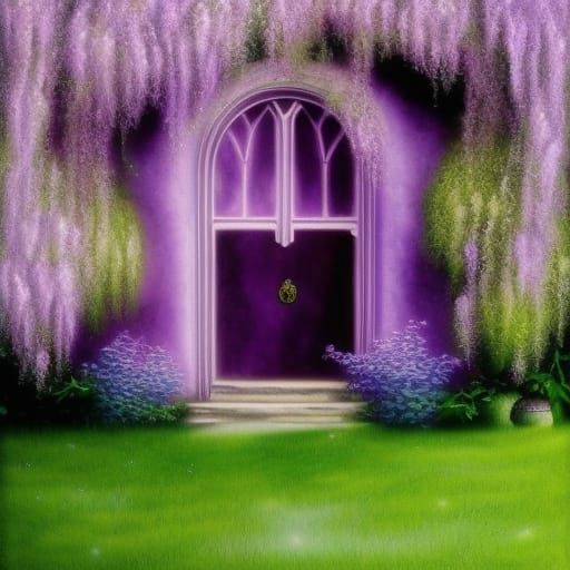 Whimsical ethereal Gothic purple house with purple door& ethereal Circular Gothic windows& Blue Rose Garden& lavender pl...