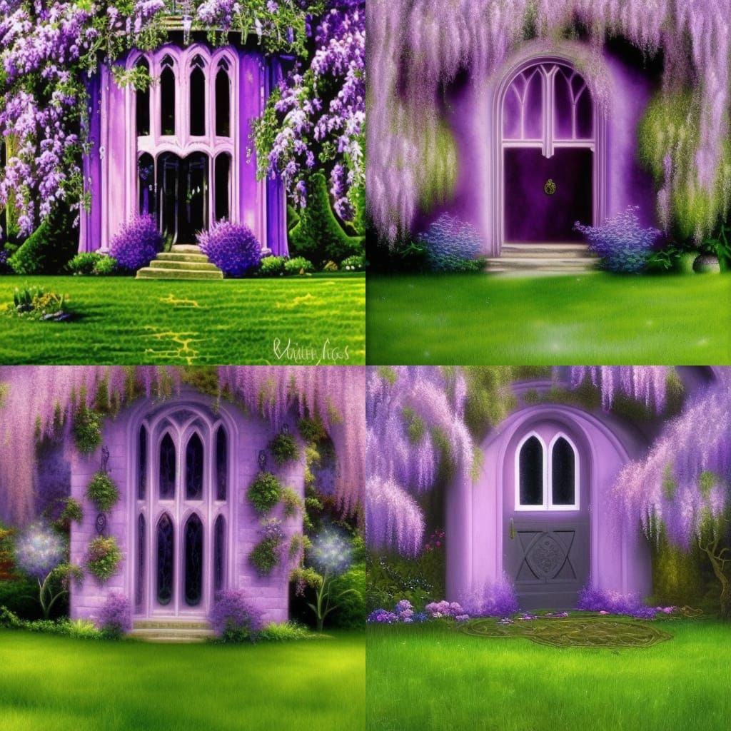 Whimsical ethereal Gothic purple house with purple door& ethereal Circular Gothic windows& Blue Rose Garden& lavender pl...