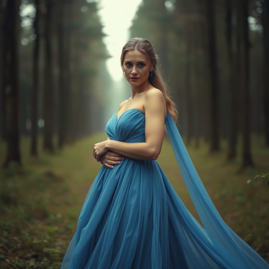 Elegant Mother and Son in Forest, Cinematic Still