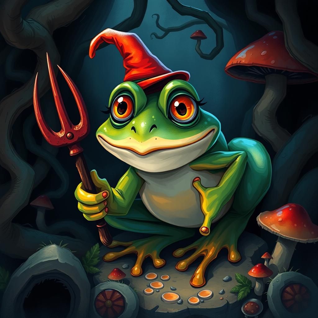 Mischievous Frog with Pitchfork in Stylized Illustration