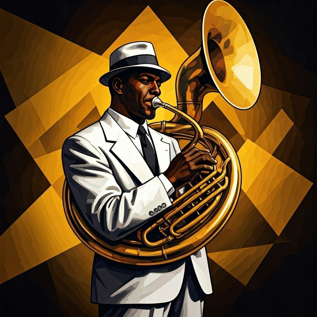 Cubist Sousaphone Player in 1950s Attire