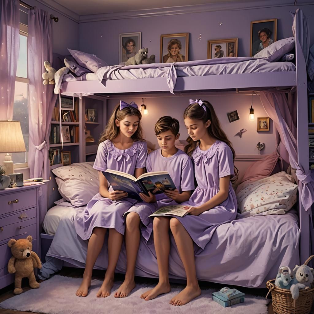 Pastel Hues: Siblings Reading on Bunk Bed