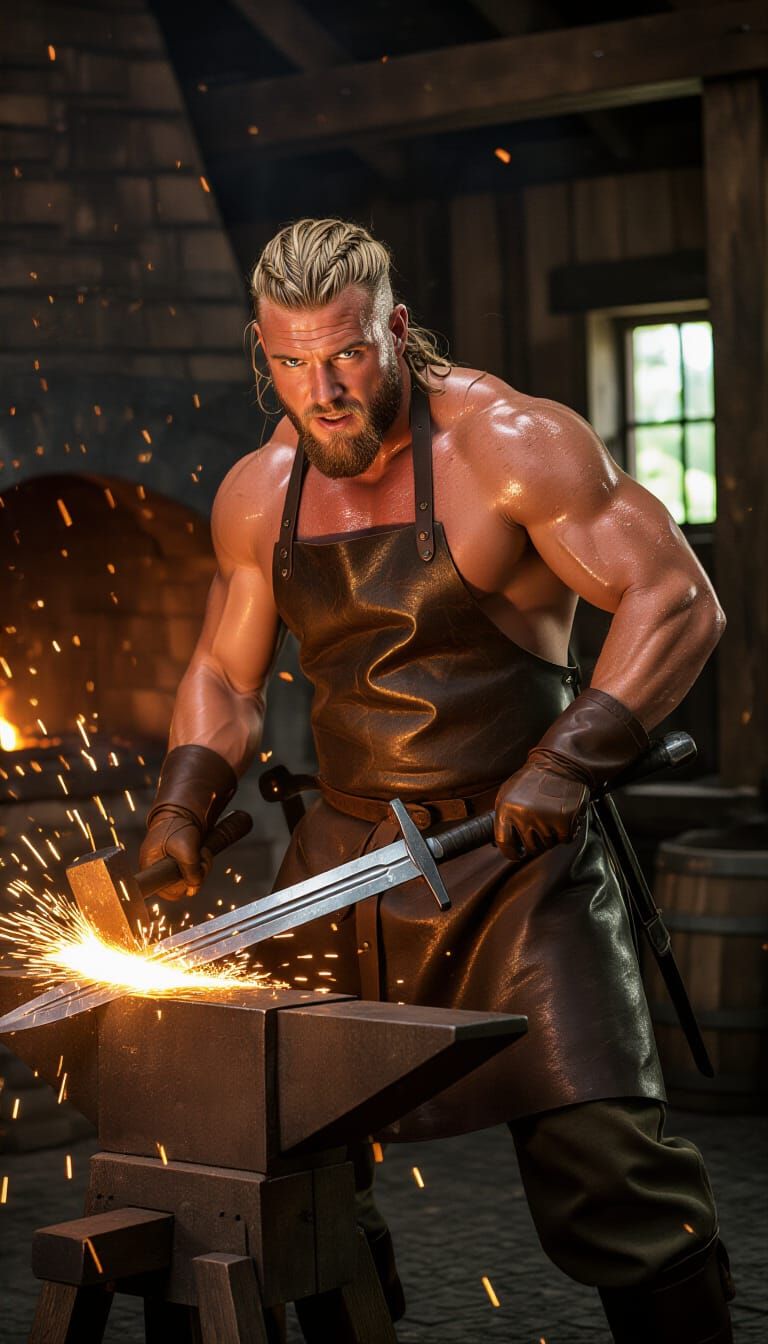 Muscular Blacksmith Forging Glowing Sword in Medieval Forge