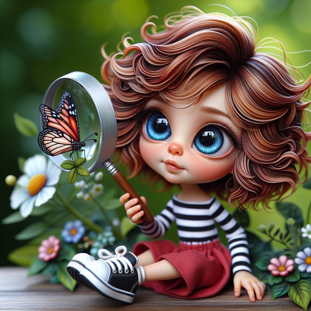 Whimsical Girl Examines Butterfly in a Vibrant Garden