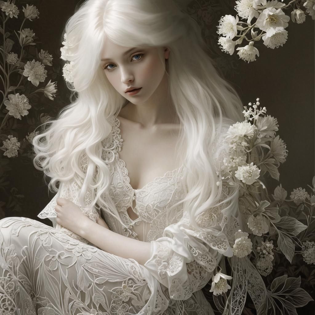 Monochromatic Girl with Flowers in Art Nouveau Style