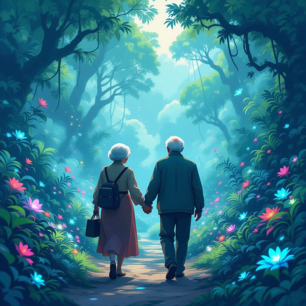 Elderly Couple Discover Bioluminescent Jungle, Concept Art