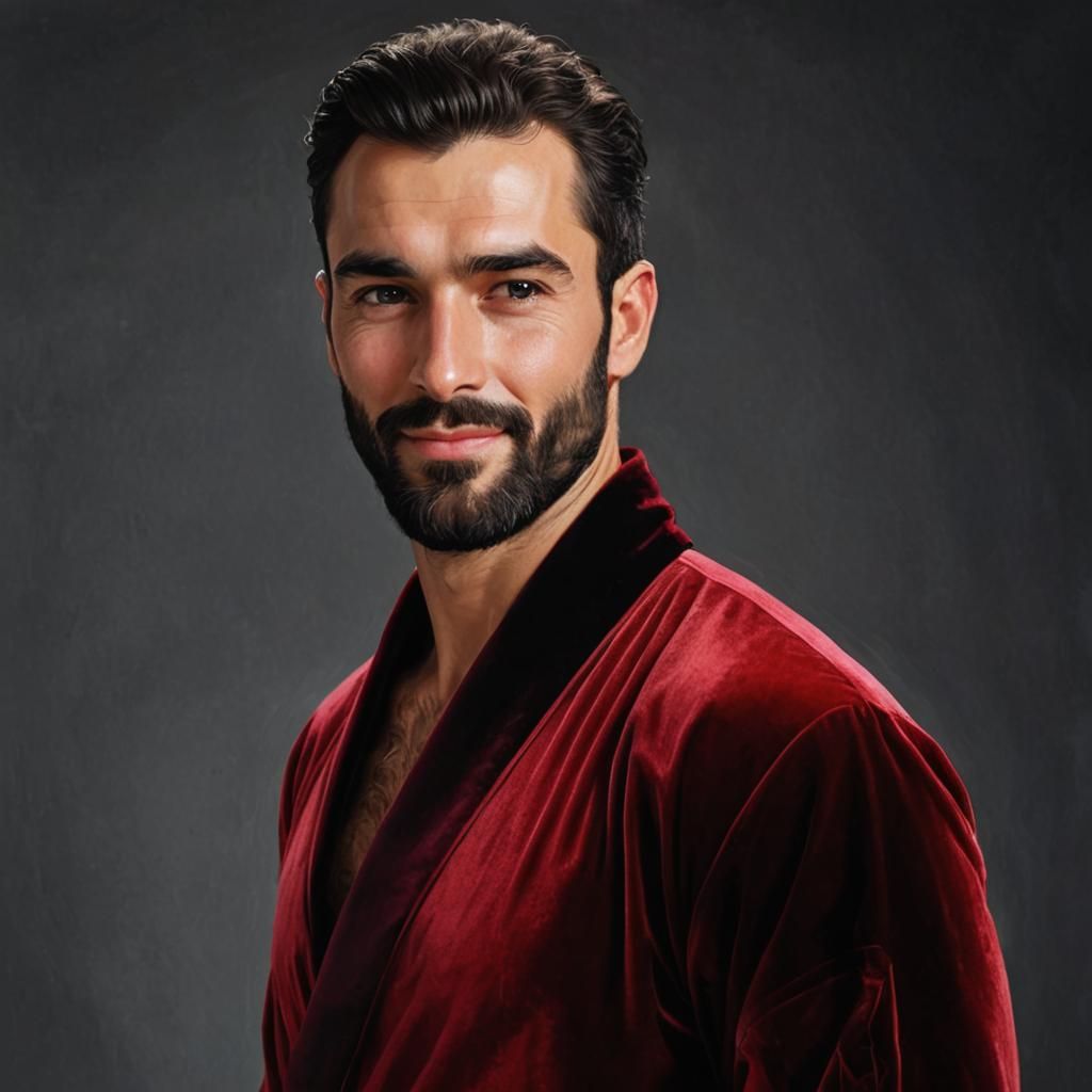Smiling Man in Red Velvet Robe with Cosmic Background