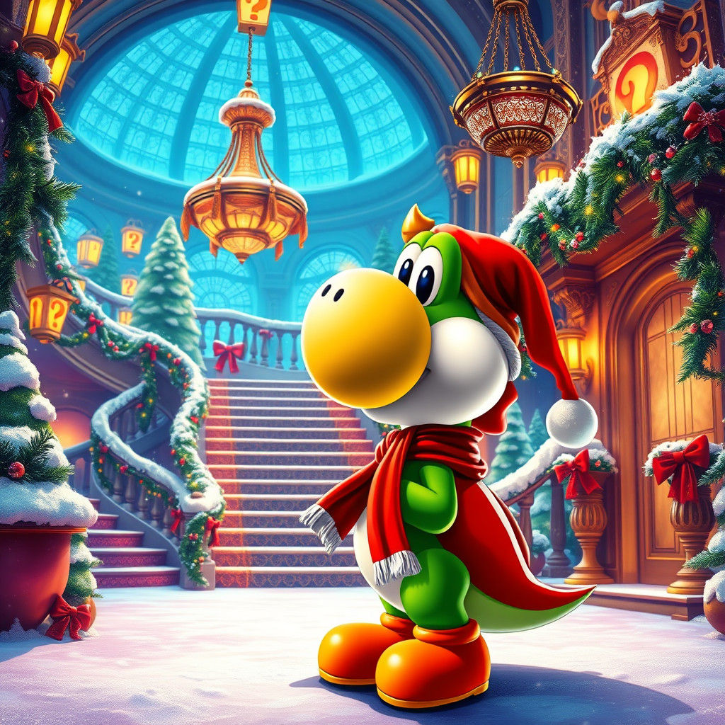 Yoshi in Lavish Christmas Mansion, Street Art Style