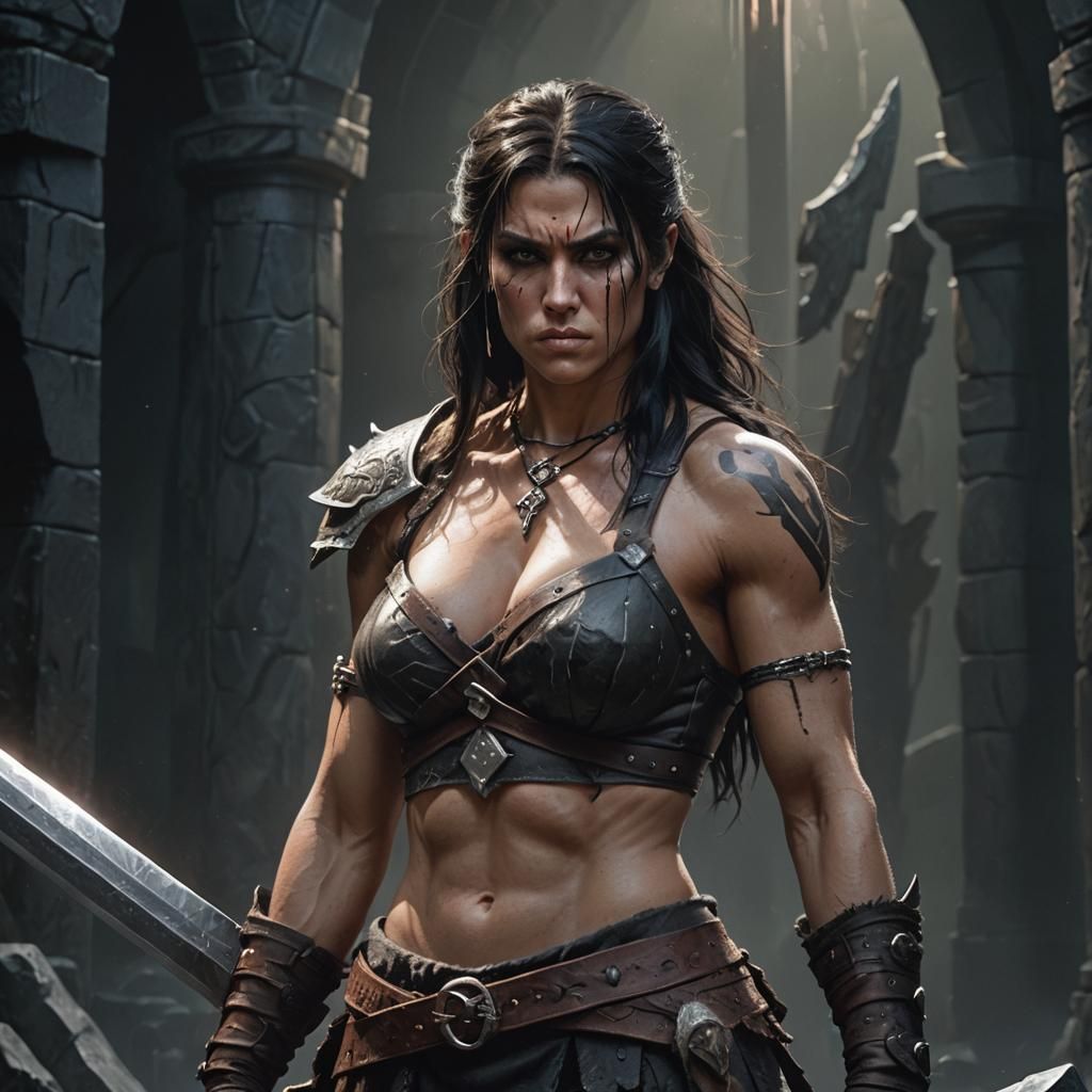 Fierce Female Barbarian with Giant Sword in Dark Fantasy