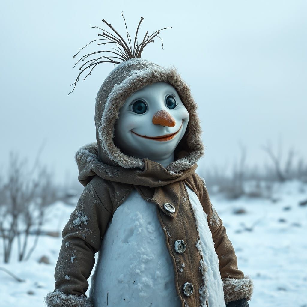 Whimsical Snow Person in Post-apocalyptic Winter Wonderland