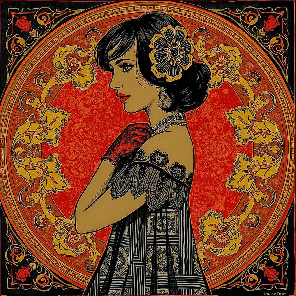 Etched Portrait of Louise Brooks in Vintage Style