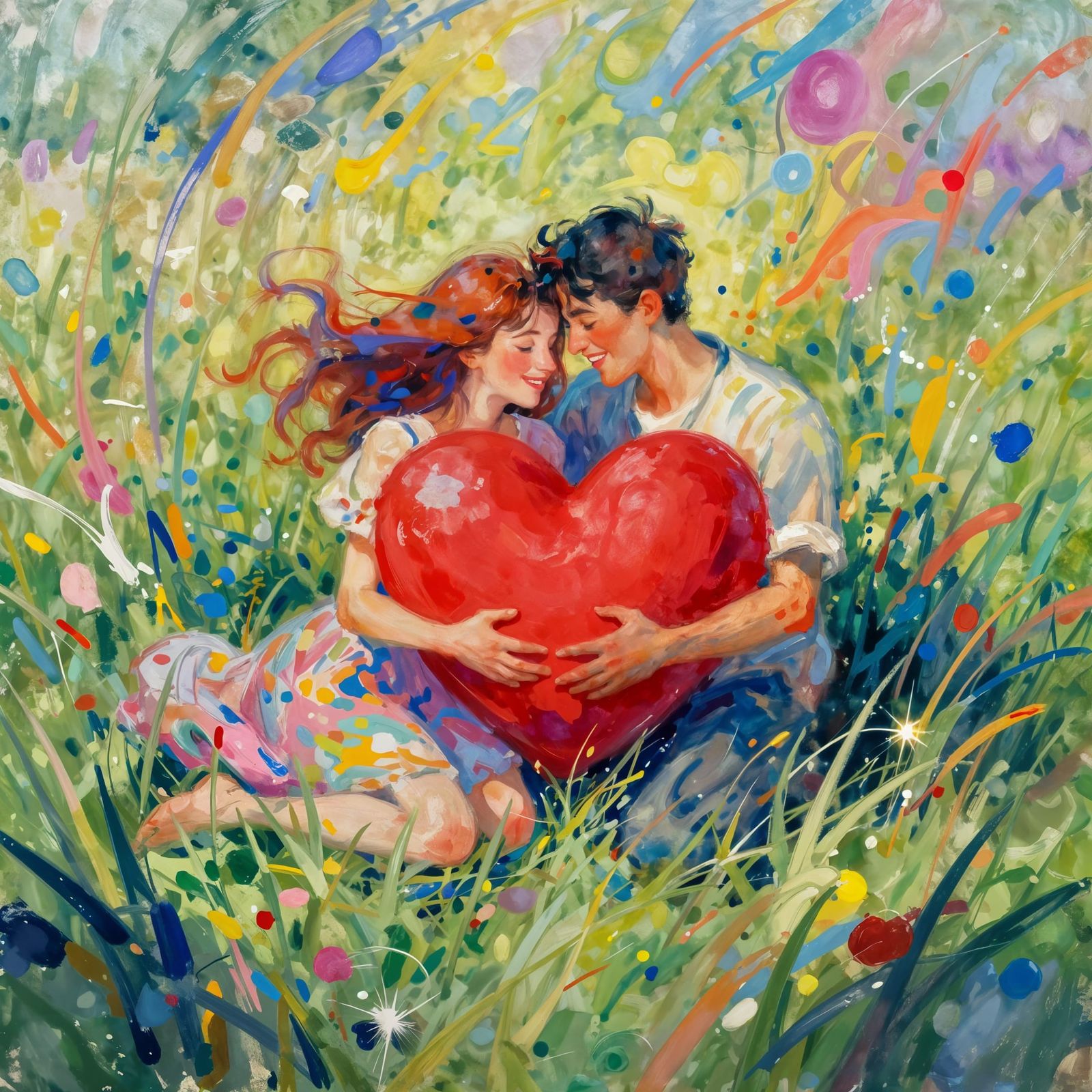 Loved Up Couple Cuddles Heart in Dreamy Meadow