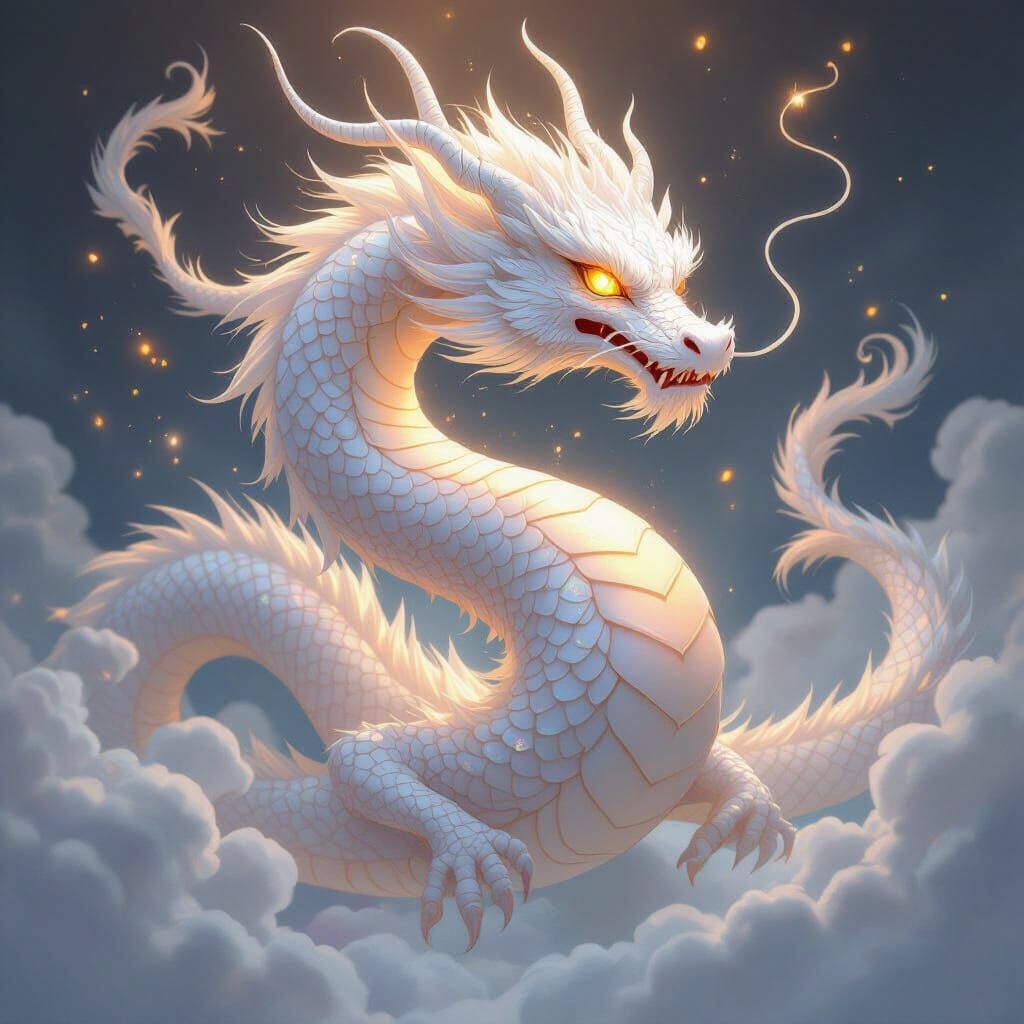 Ethereal White Chinese Dragon Granting Wishes in Anime Style