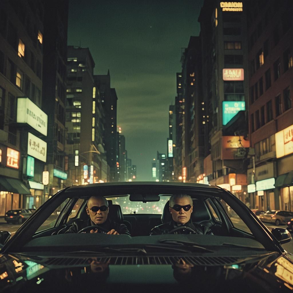 Morpheus and Neo Drive at Night in Film Still