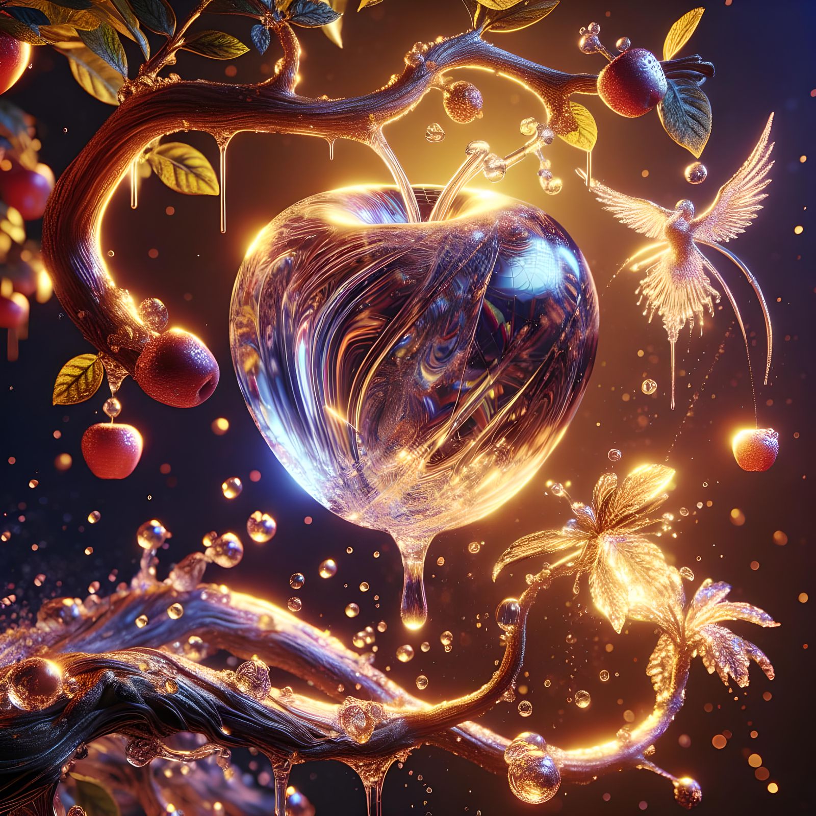 Transparent Crystal Apple with Golden Decorations