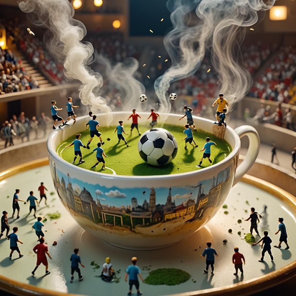 Surreal Miniature Soccer Stadium in Tea Cup