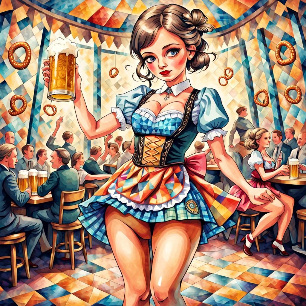 Bavarian Woman Pole Dance in Psychedelic Mosaic Style