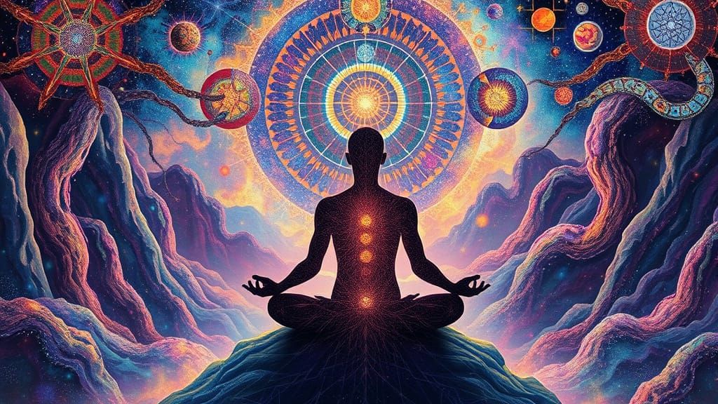 Meditating Figure in Glitching Digital Landscape