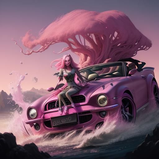 Mythical Pink-Haired Woman in Pink Convertible