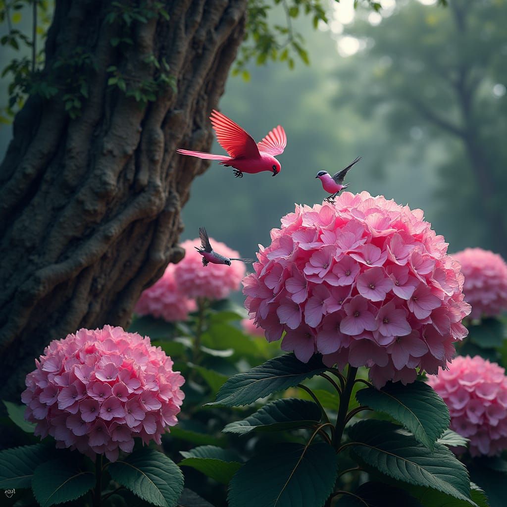 Vibrant Pink Hydrangeas Bloom Amidst Majestic Tree and Whims...