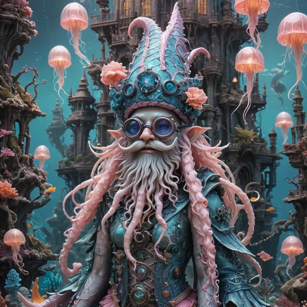 Giger-Inspired Gnome Mermaid in Underwater Palace
