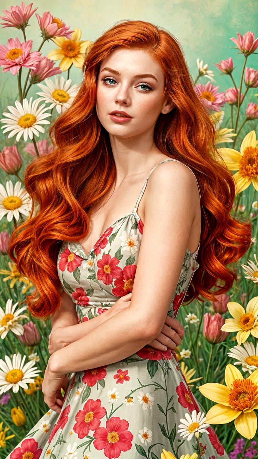 1960s Pin Up Girl Poses in Spring Flower Field