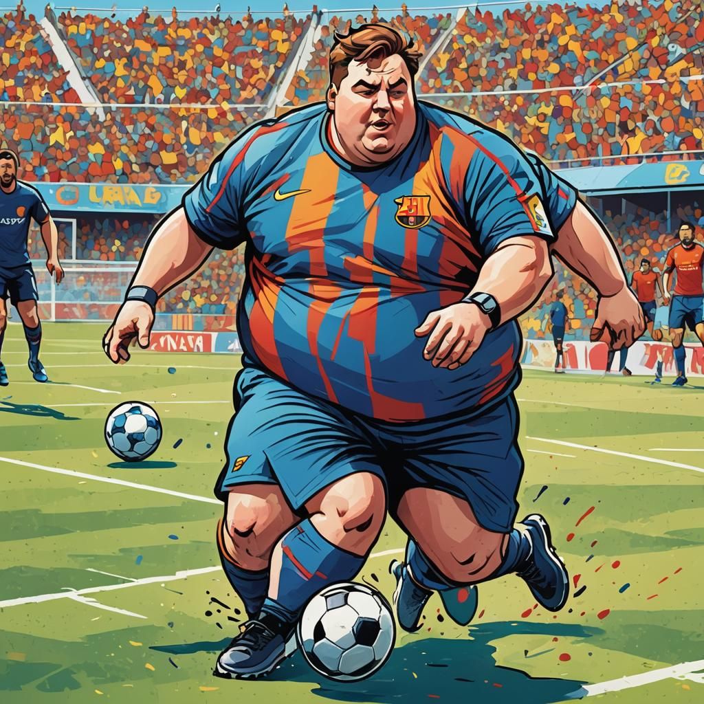 Cartoon Fat Guy Dribbling Soccer Ball in Barcelona