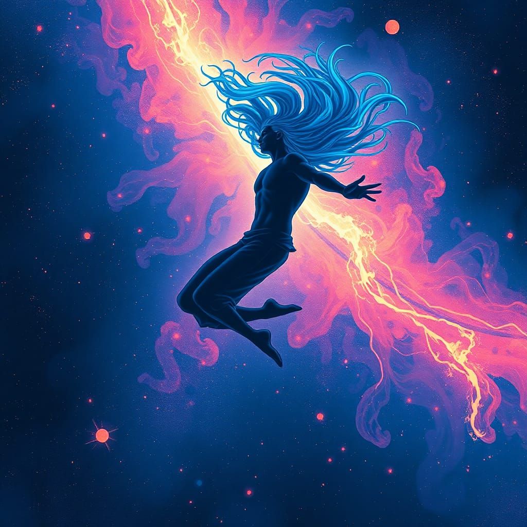 Neon Silhouette Flies Through Cosmos in Surreal Style