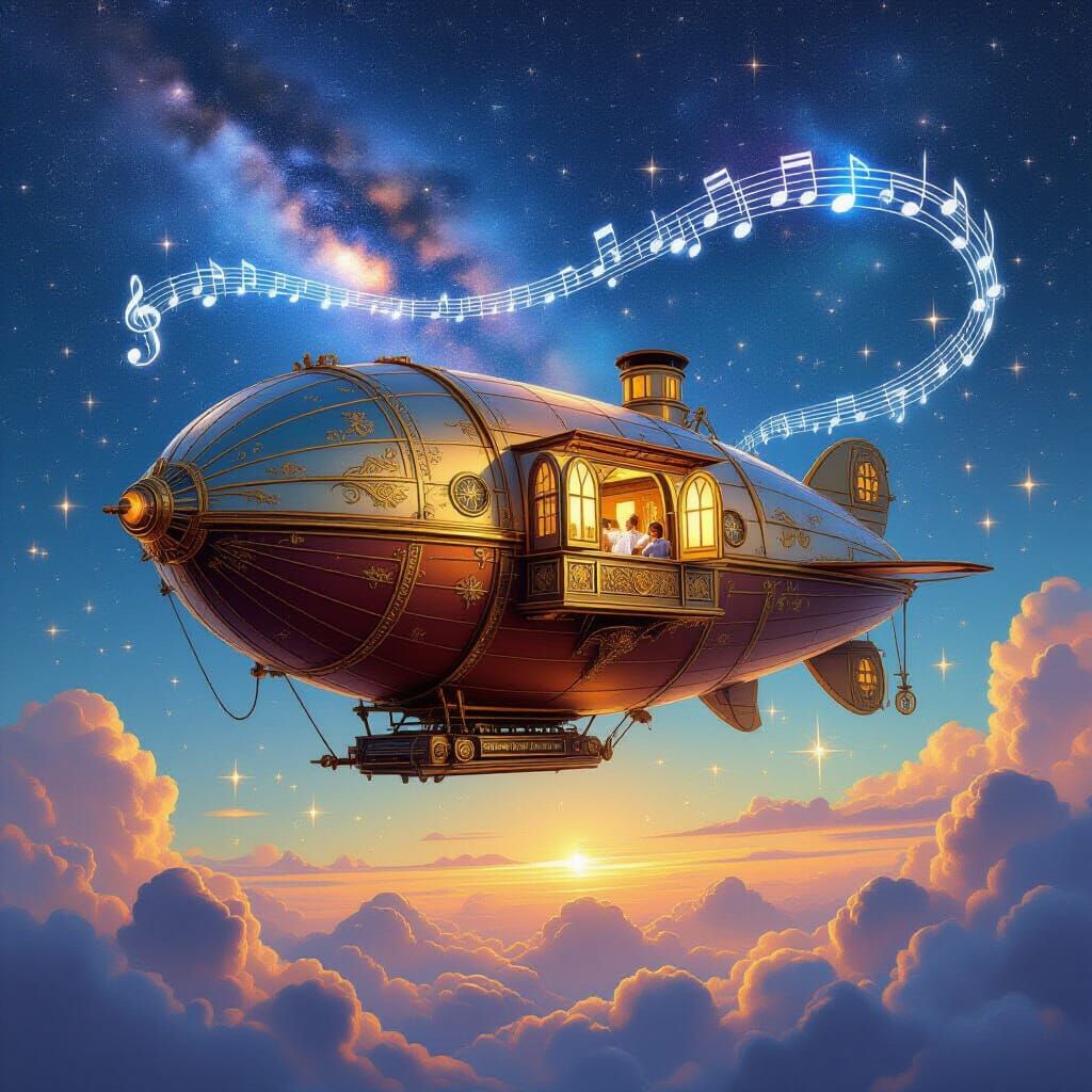 Steampunk Airship Voyage Through Starry Sky