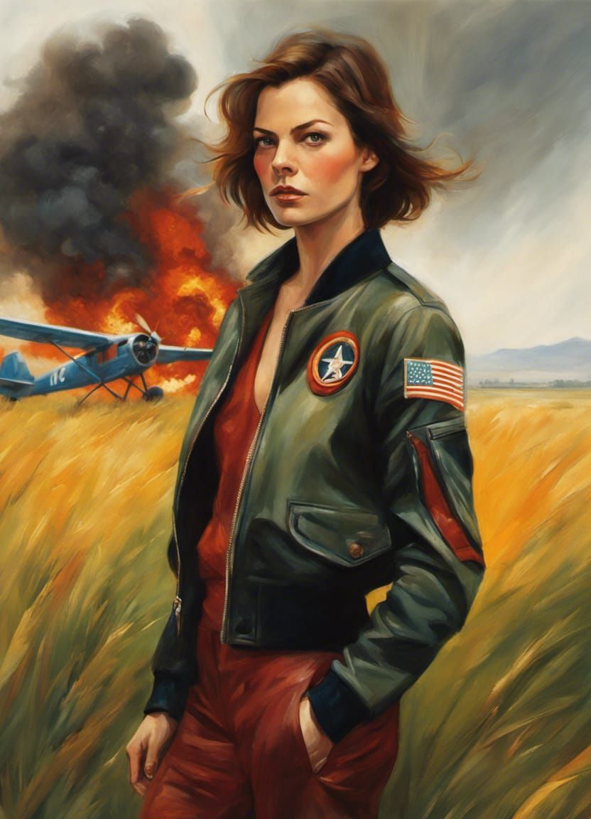 Colorful Portrait of an Aviator Near Crashed Plane