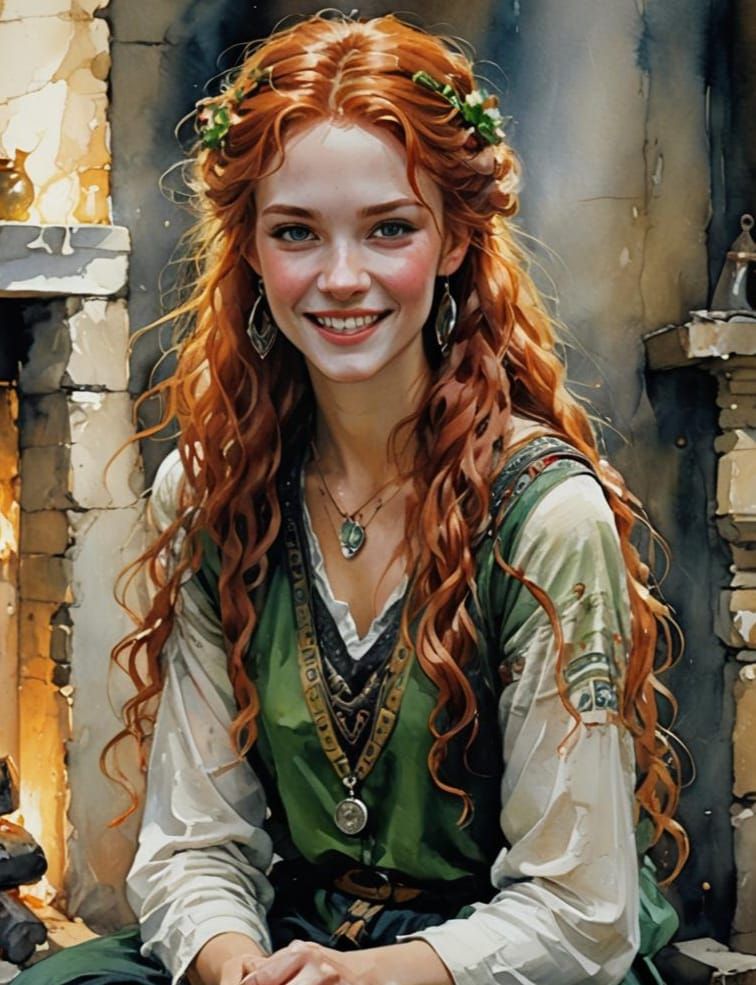 Norse Girl in Traditional Attire Smiles by the Fireplace