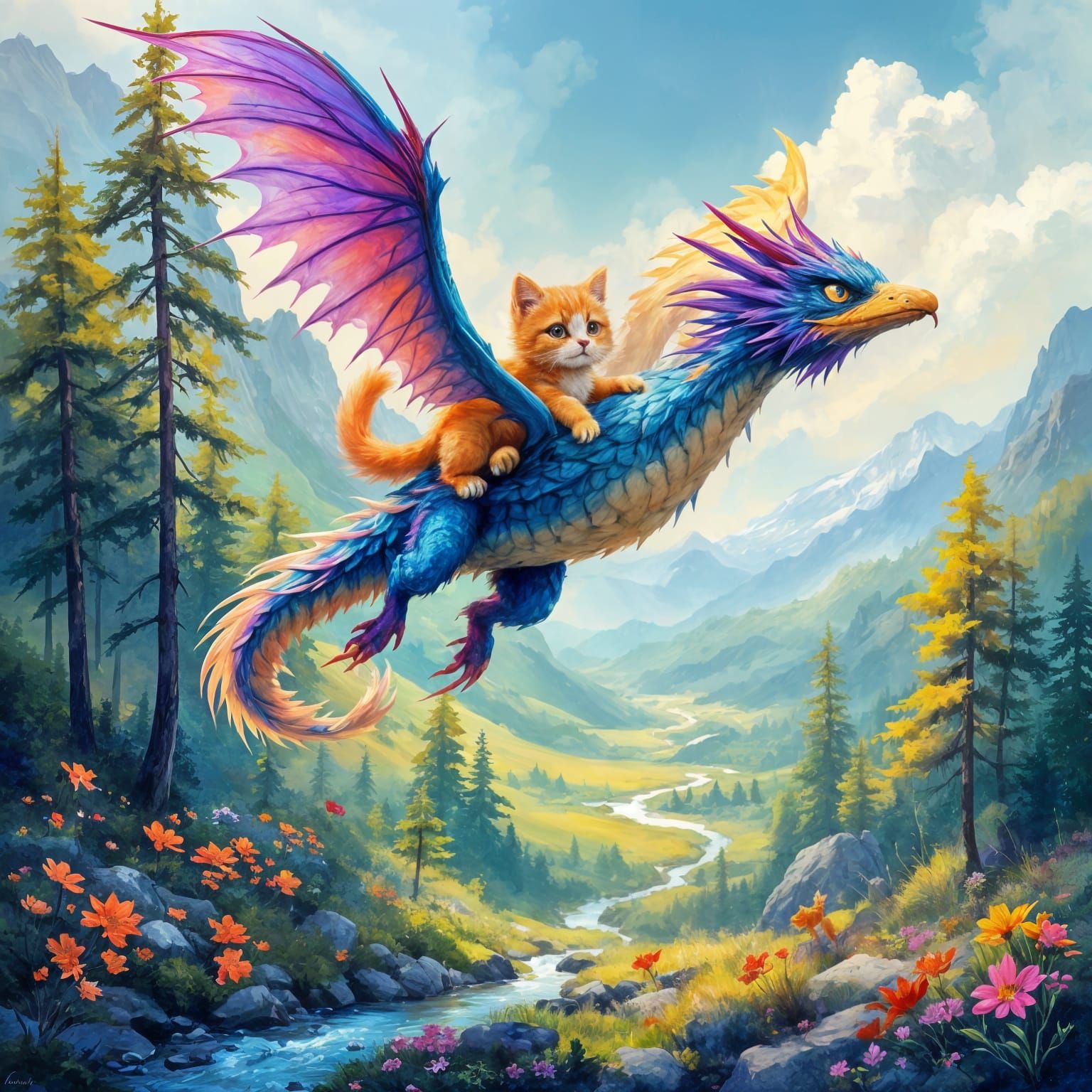 Kitten Rides Dragon-Raven in Colorful Mountain Valley