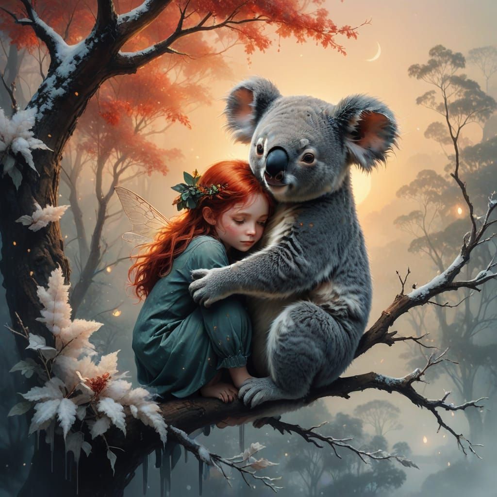 Hyperrealistic Fairy and Koala in Winter Night Sky