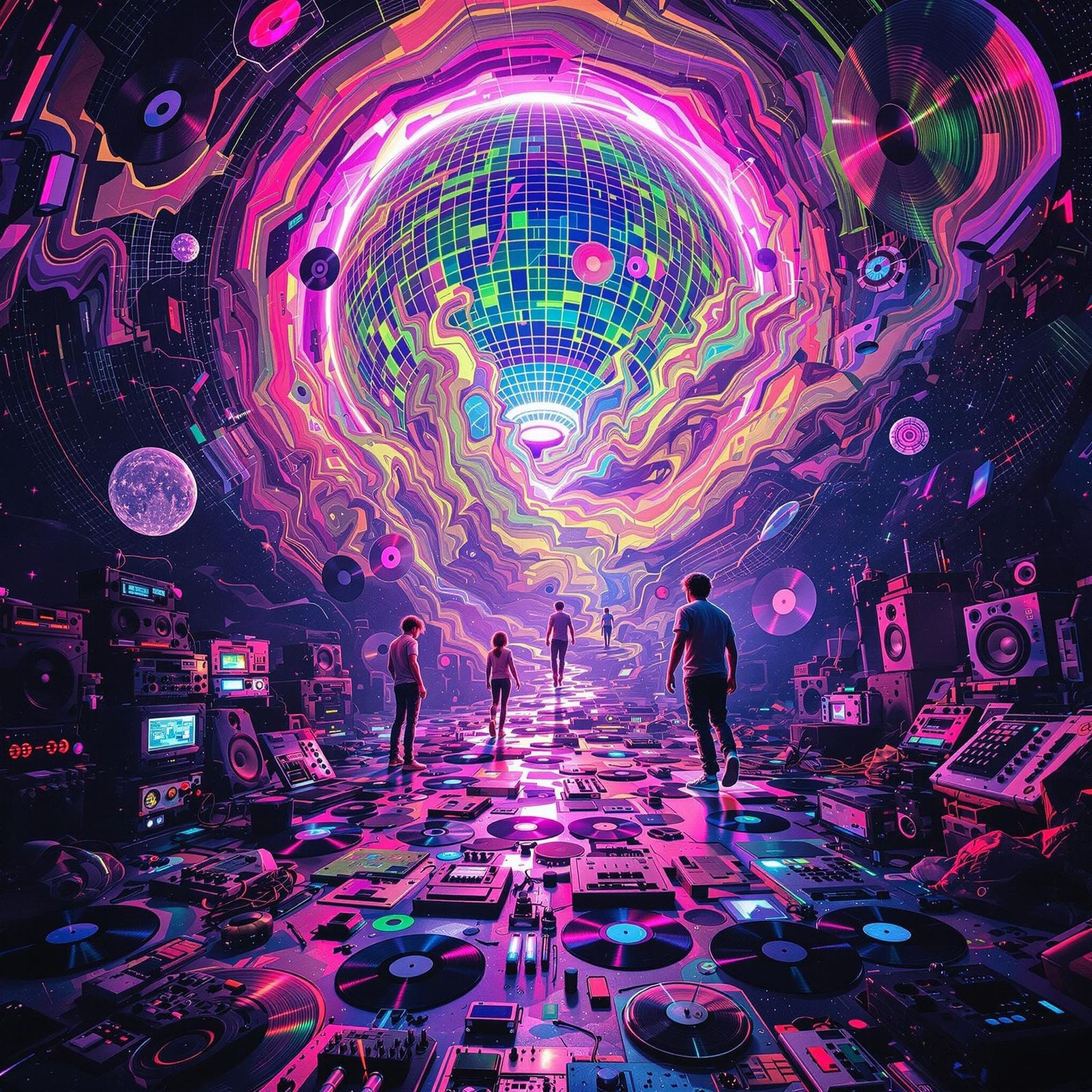 Glowing Disco Ball Portal to Psychedelic Music and Skating W...