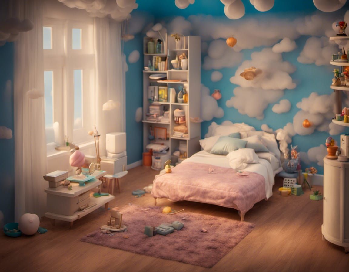 Miniature Bedroom with Swirling Storm Clouds