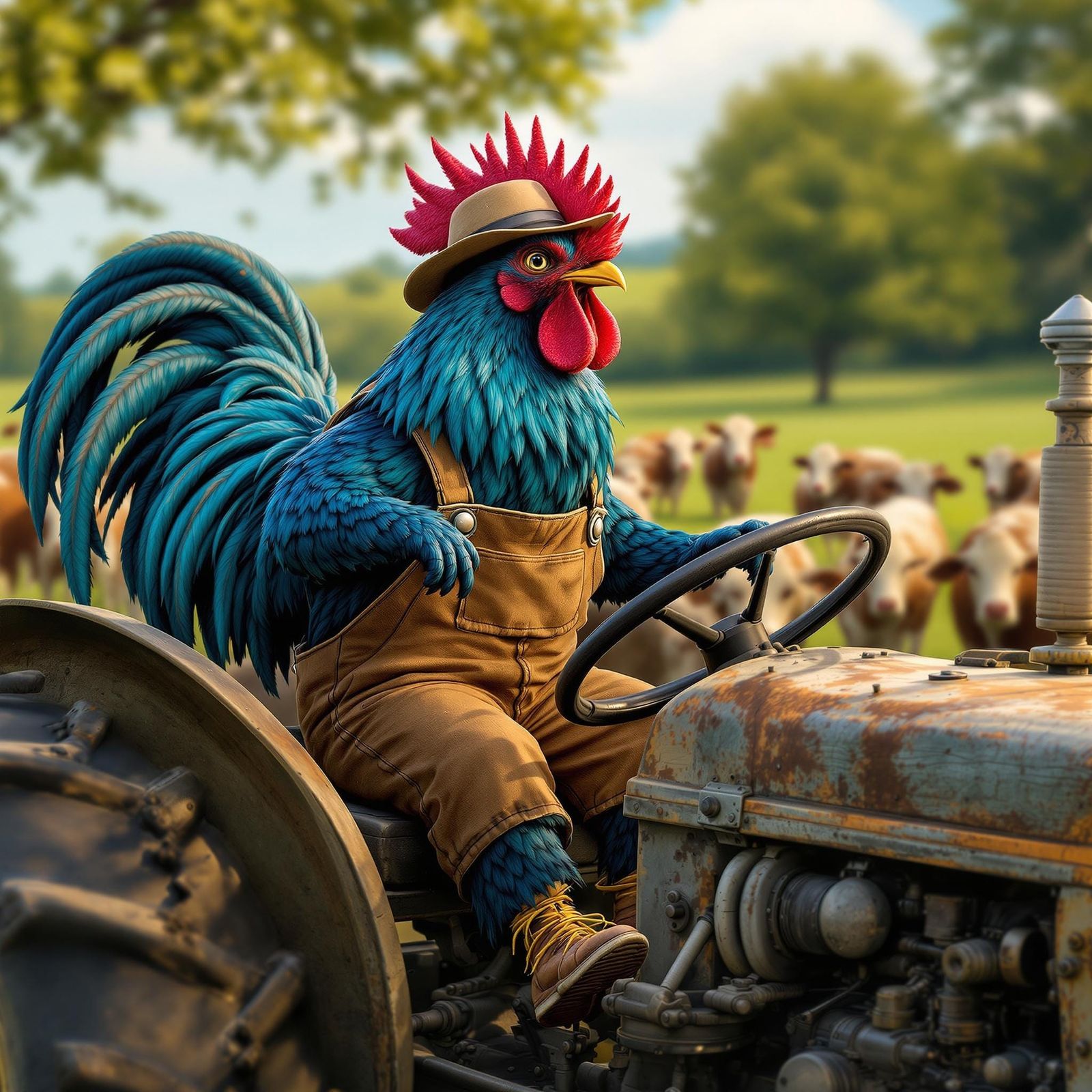 Cockerel Farmer Drives Tractor in Dreamlike Landscape