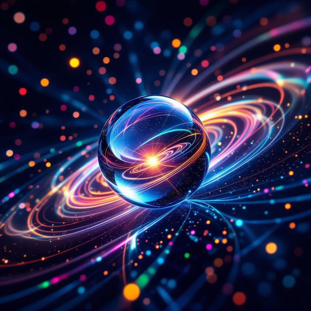 Translucent Orb Refracting Light in Cosmic Swirl