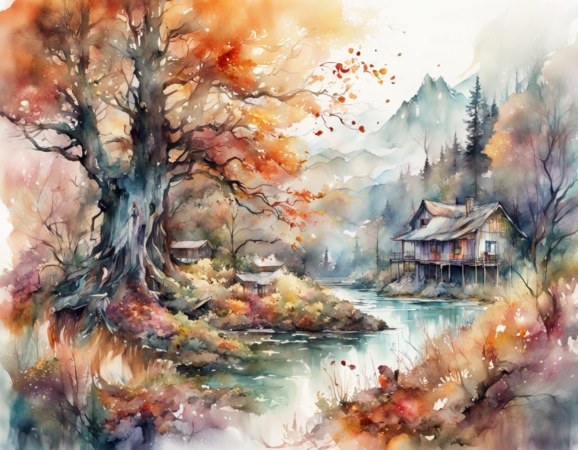 Dreamy Autumn Landscape in Watercolor Style