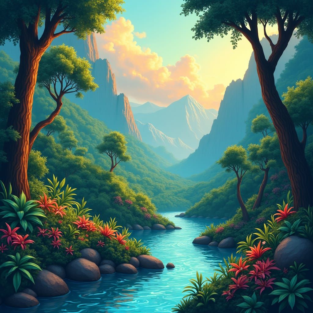 Lush Jungle River Background in 2D Children's Book Style