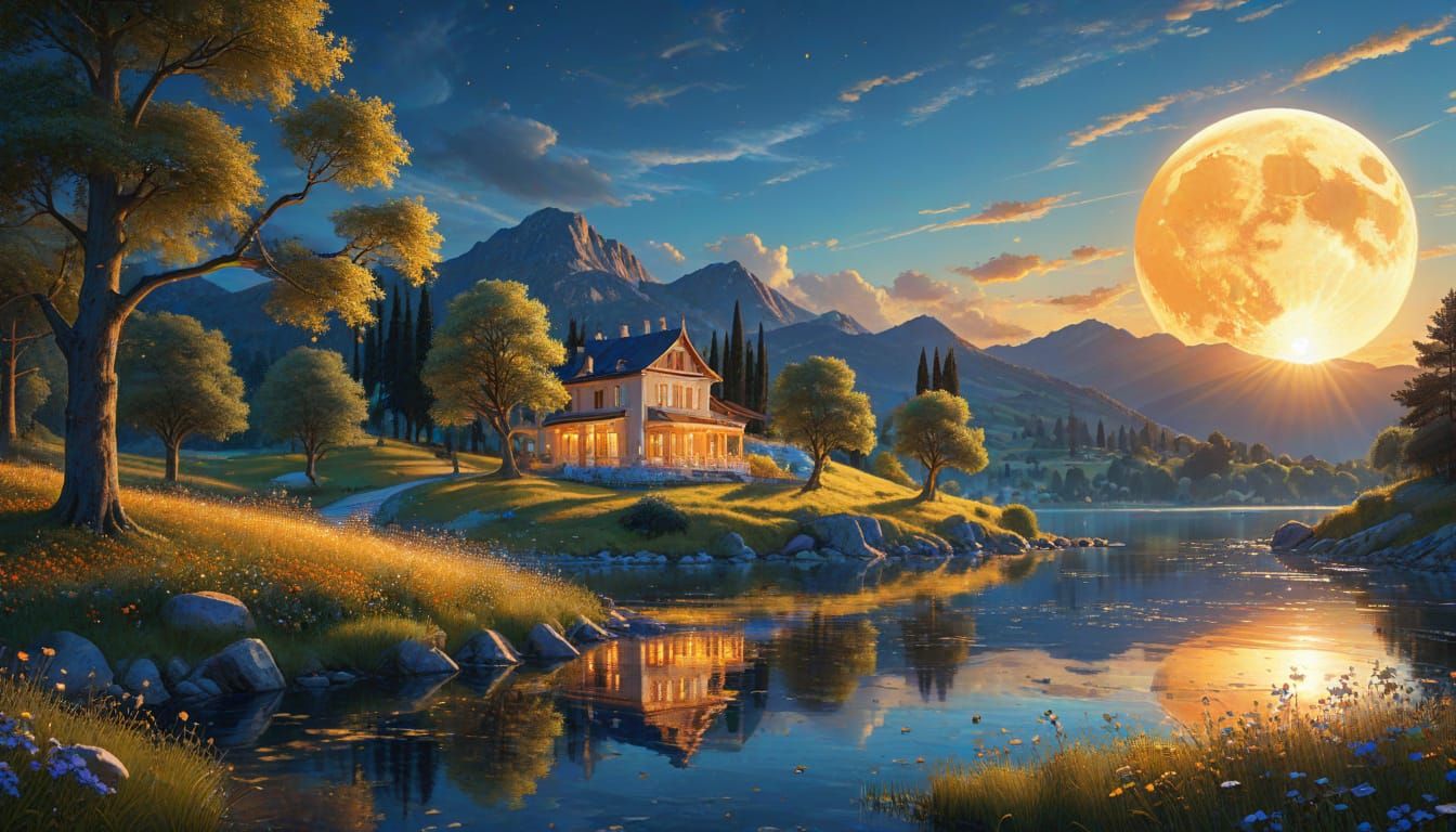 Summer Landscape Under Light Blue Moon, Digital Art