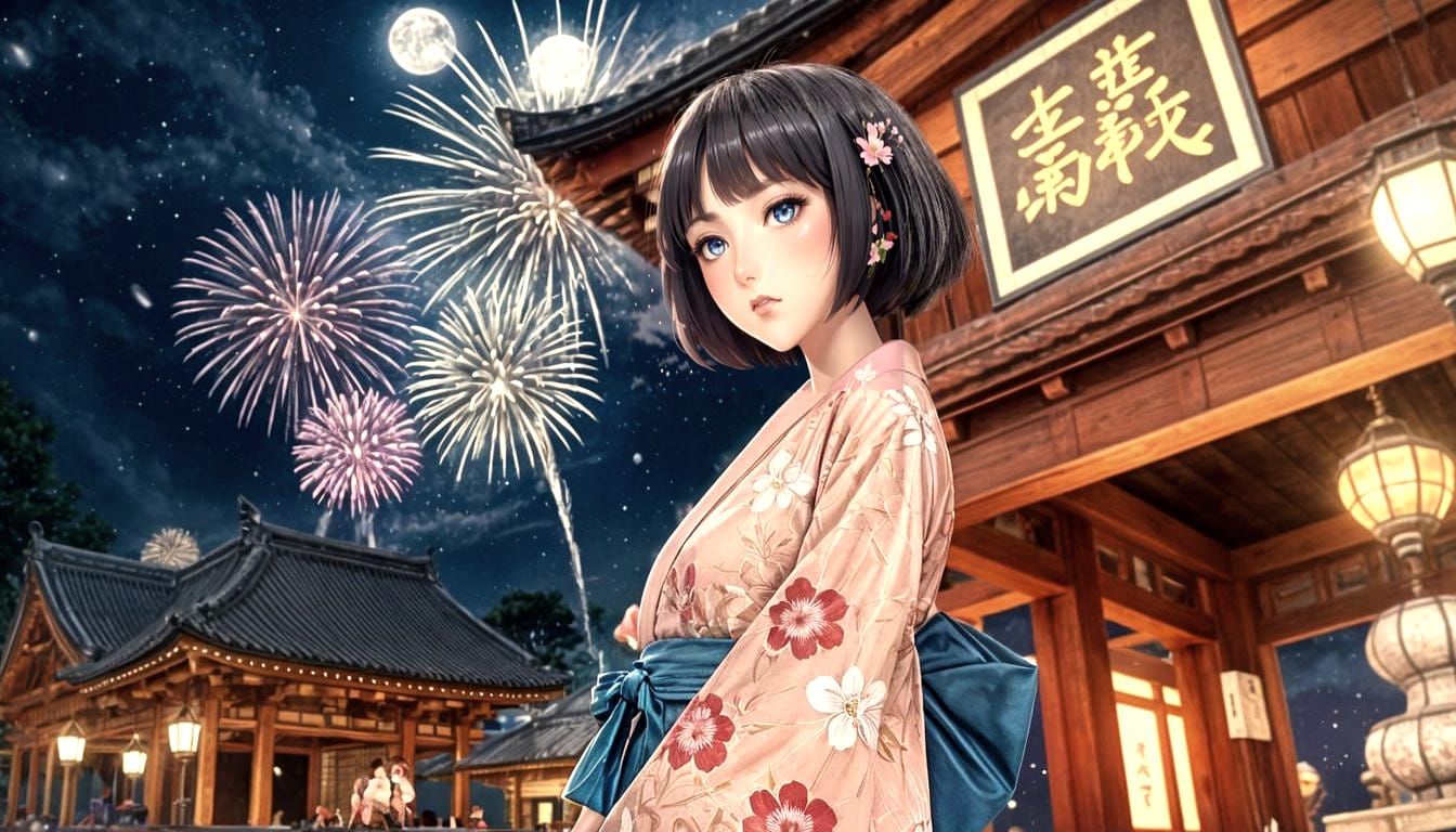Serenely Elegant Woman Watches Fireworks in a Traditional Sh...