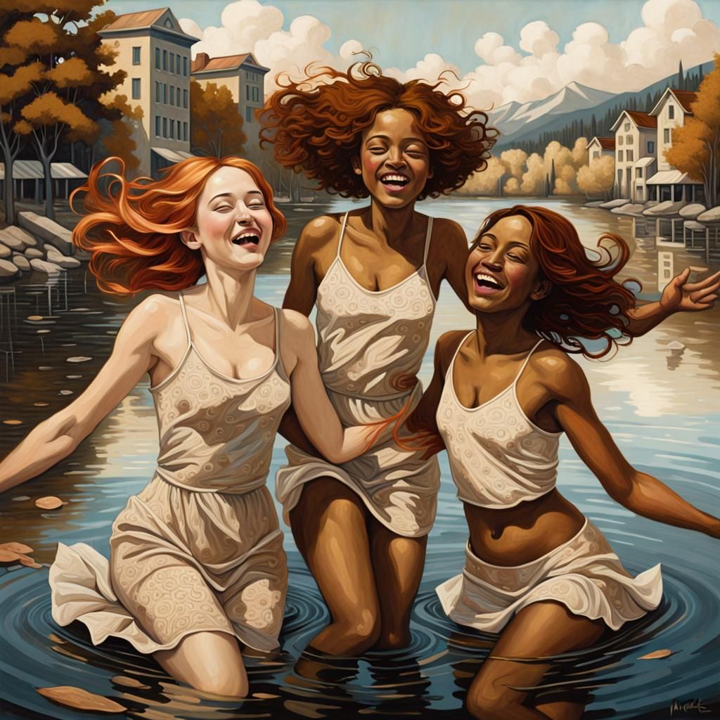 three friends joyfully playing in a serene lake