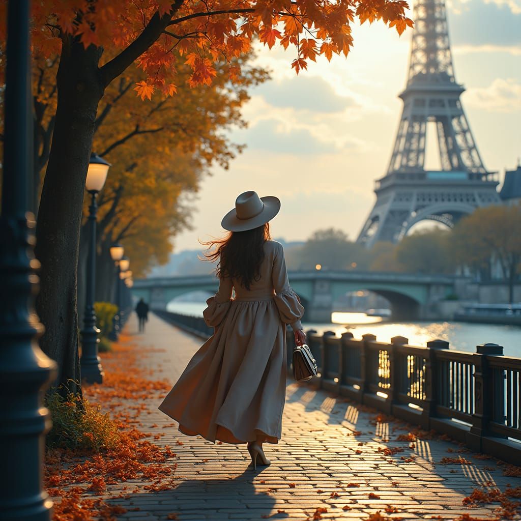 Parisian Autumn Stroll: Ethereal Scene in 8k