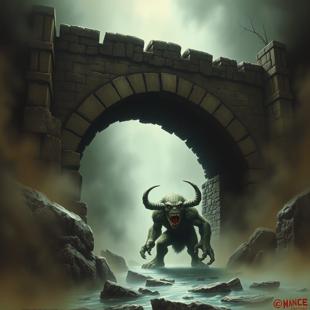 Menacing Troll Under Ancient Stone Bridge