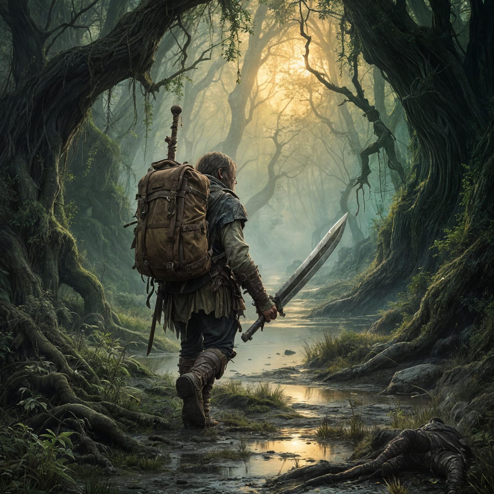 Exhausted Adventurer Navigates Mysterious Marshland